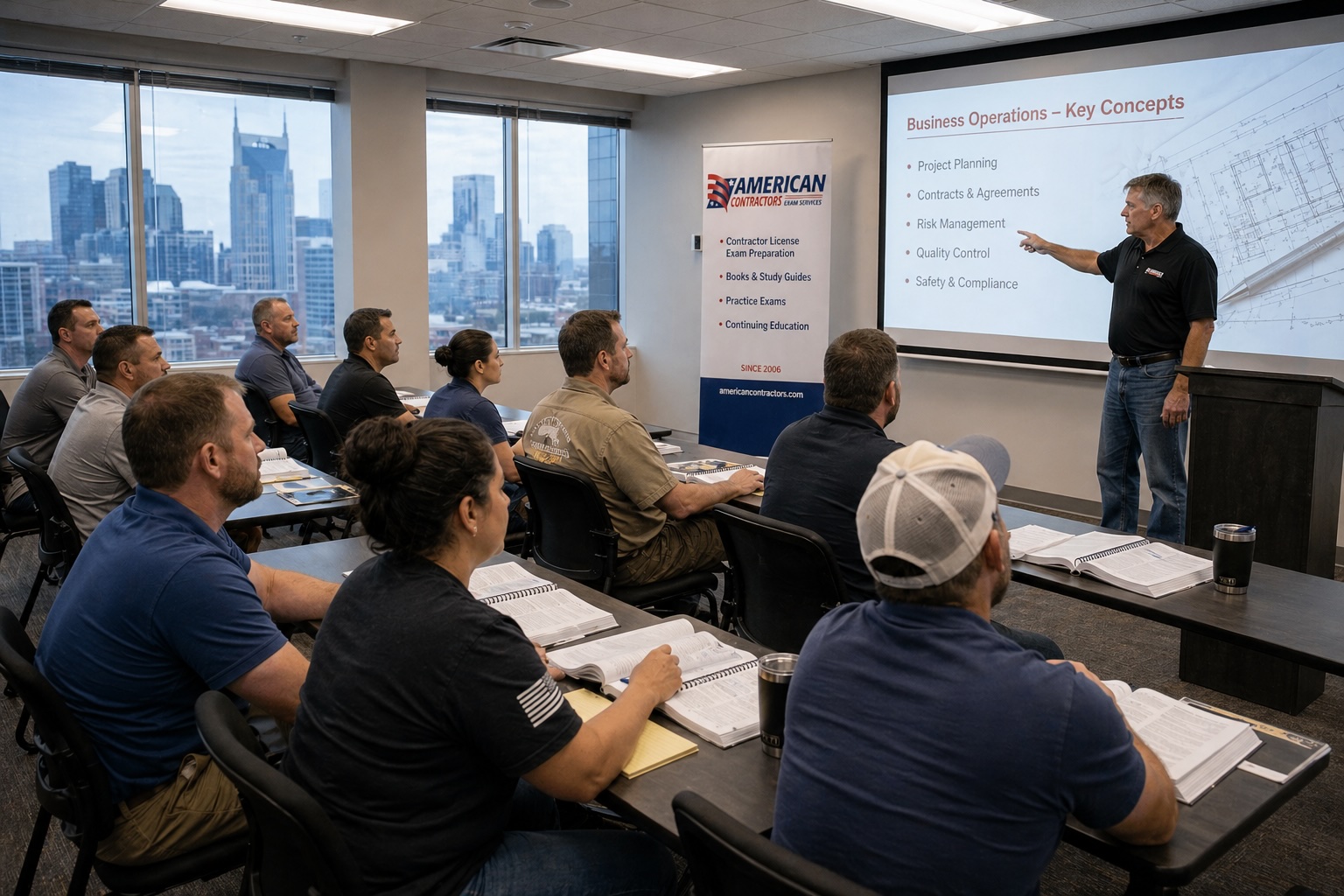American Contractors Exam Services classroom seminar with instructor teaching contractors