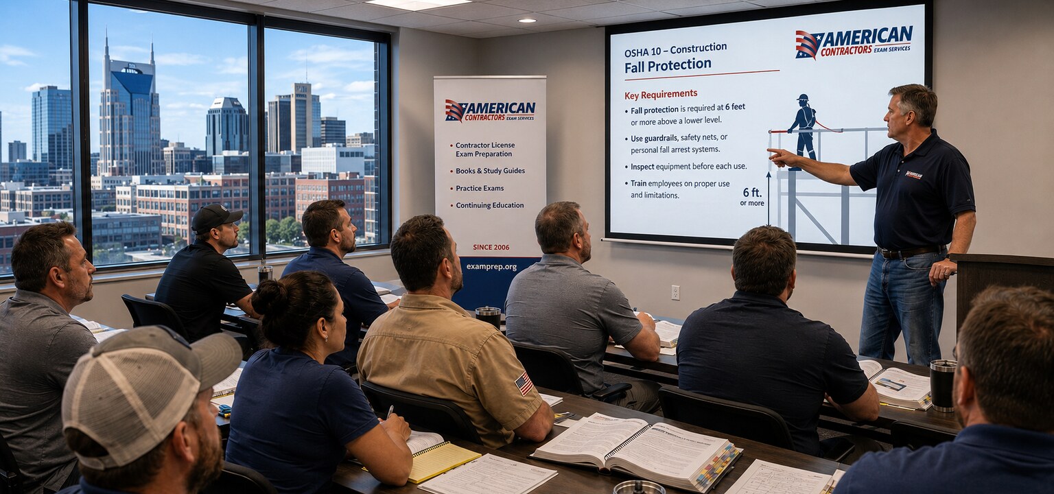 American Contractors Exam Services instructor leading a contractor exam prep seminar with students using reference books