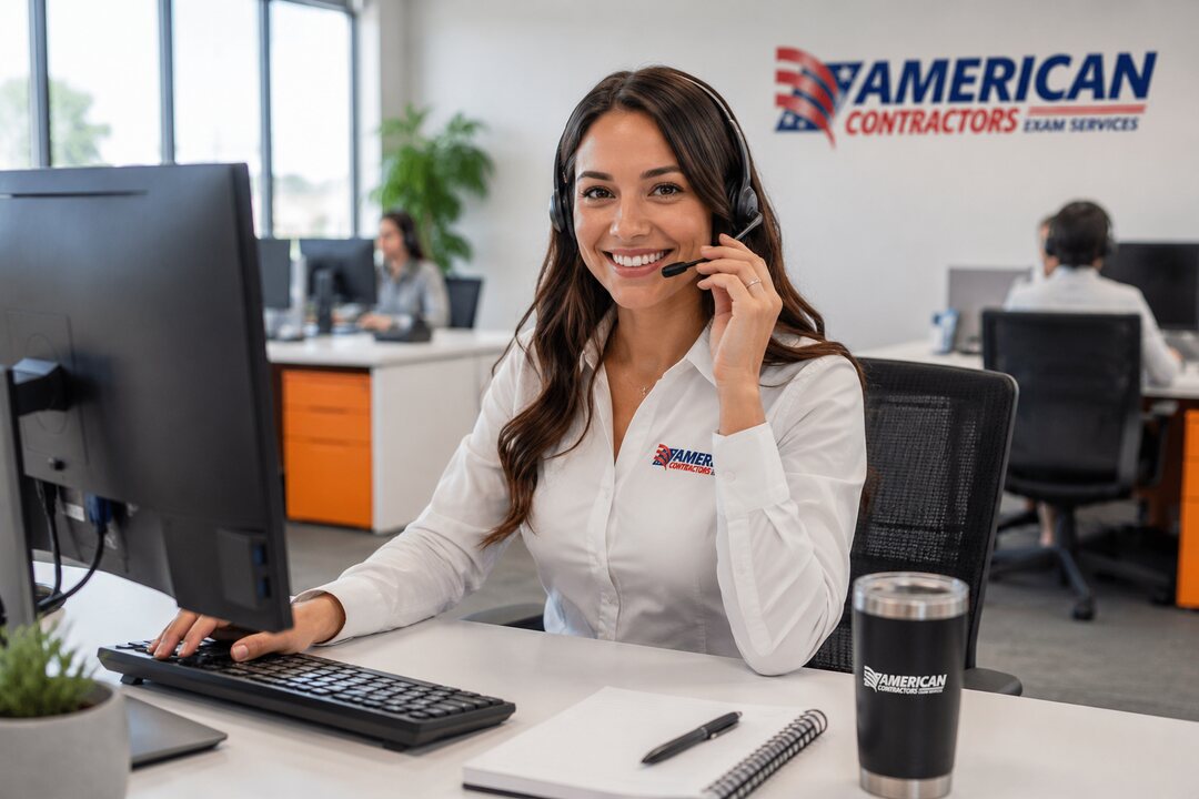 American Contractors Exam Services support representative at a workstation