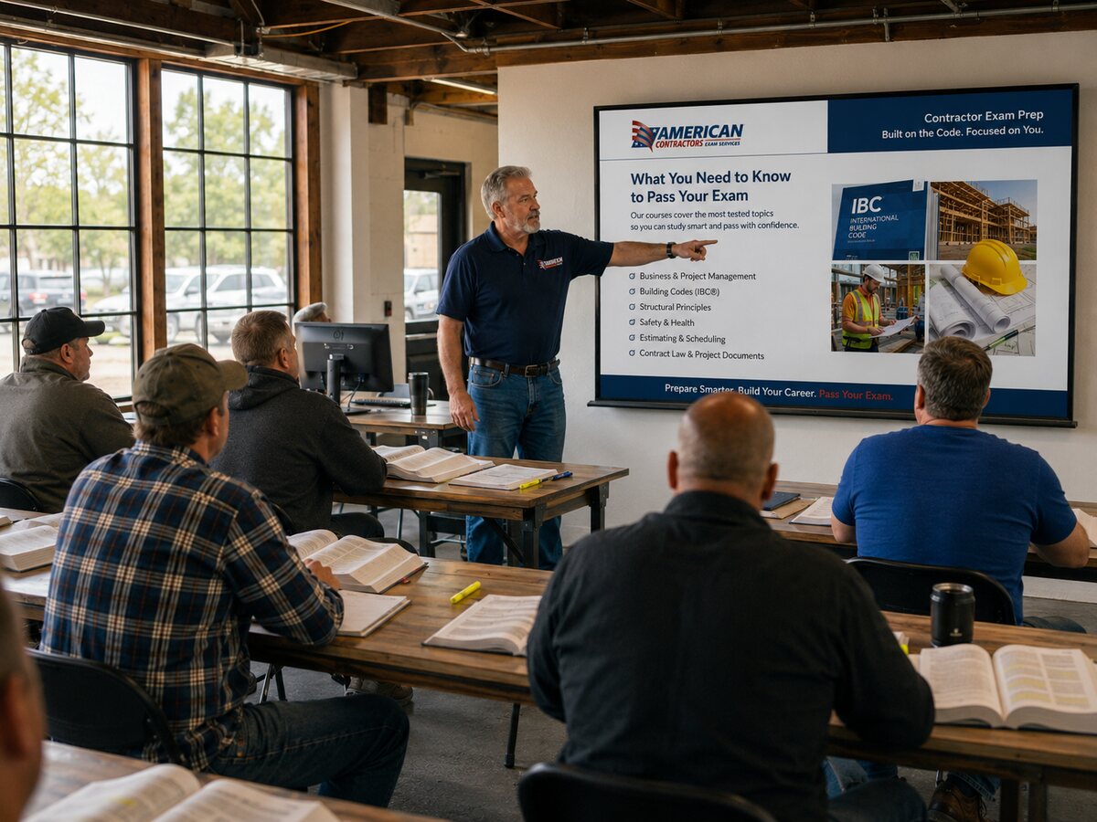 American Contractors Exam Services instructor pointing to an exam-prep slide as contractor students study from open code books in the Nashville classroom
