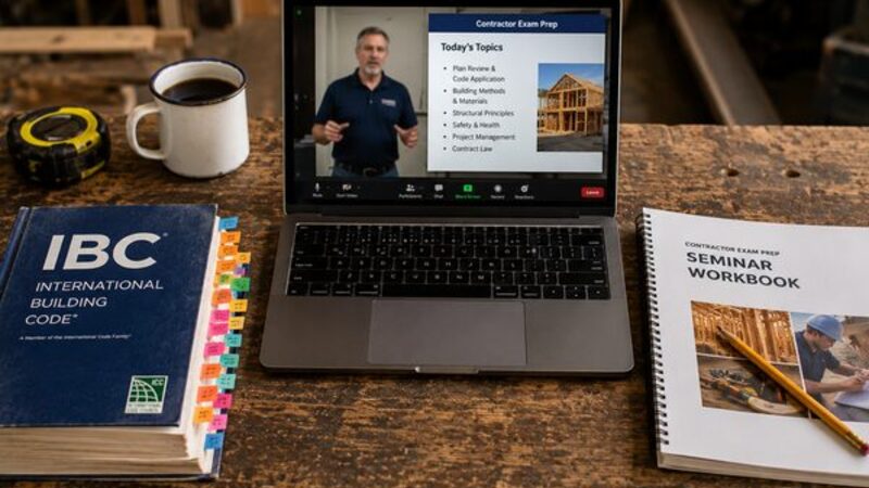 IBC code book, laptop showing a live ACES contractor exam prep webinar with the day's topics, and a printed seminar workbook on a workshop bench
