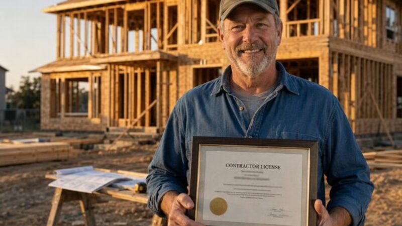 Smiling licensed contractor in front of a partially-built two-story house at golden hour, holding a framed contractor license certificate