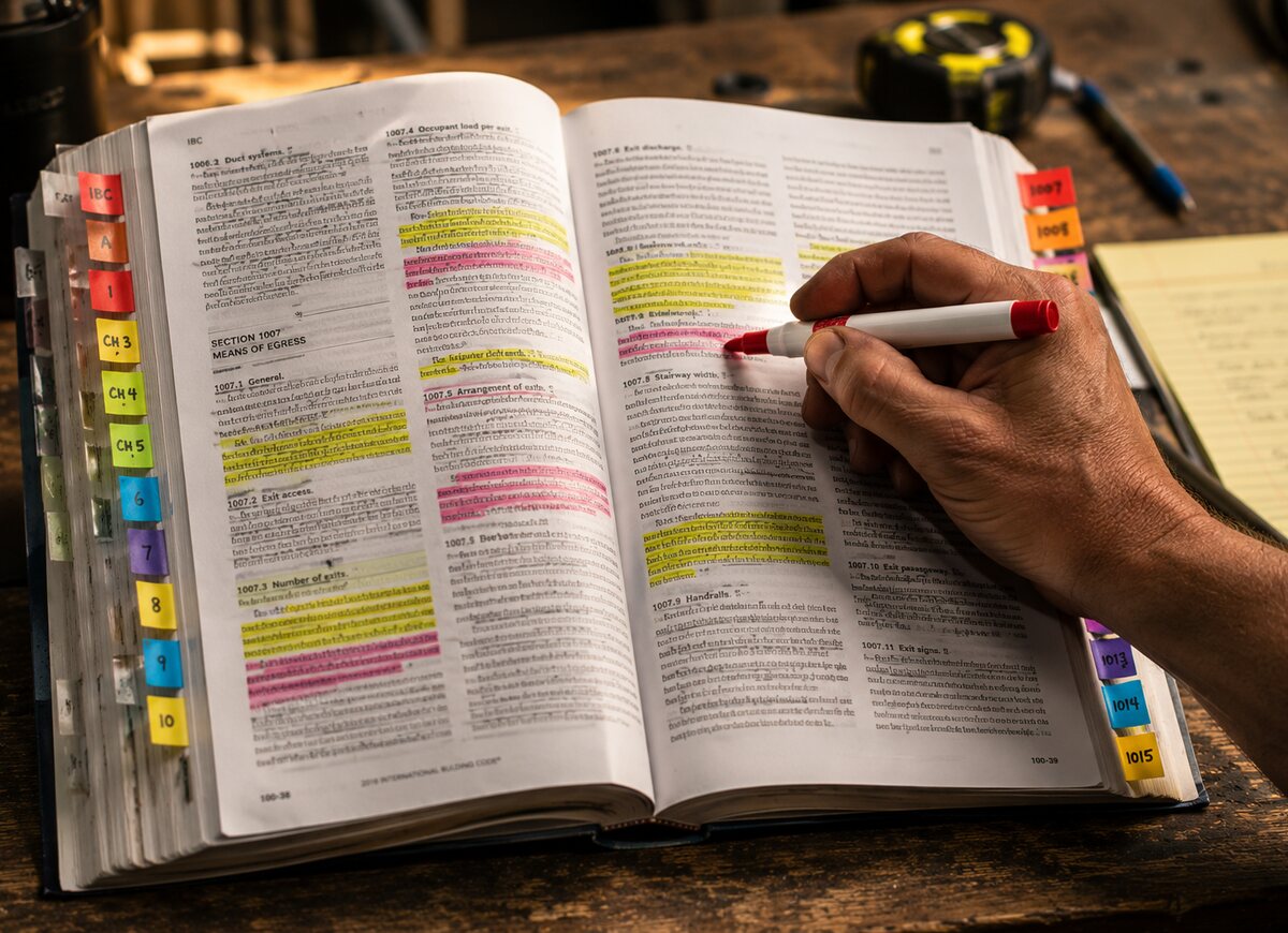 Open contractor code book lined with colored index tabs on every edge and rows of yellow and pink highlights, contractor's hand marking a section with a red-tipped highlighter